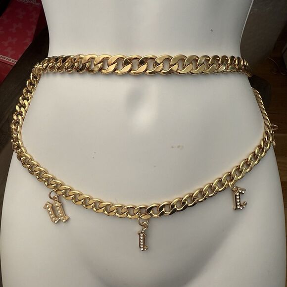 Juicy Couture Gold Tone Chain Link Belt Front Juicy Charm Drop Size M/L NWT - Picture 1 of 6